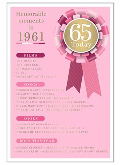 2026 65th Female Birthday Card - 1961 Was A Special Year - Age 65 Pink 9x6