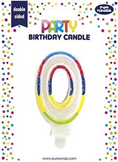 Number 0 Multicoloured Double Sided Glitter Birthday Party Candle - 3"/7.5cm Number 0 Multicoloured Double Sided Glitter Birthday Party Candle - 3"/7.5cm