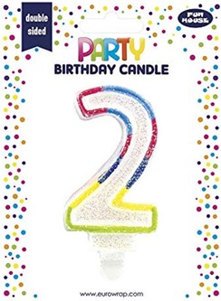 Number 2 Multicoloured Double Sided Glitter Birthday Party Candle - 3"/7.5cm