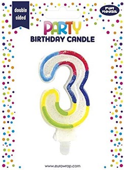 Number 3 Multicoloured Double Sided Glitter Birthday Party Candle - 3"/7.5cm