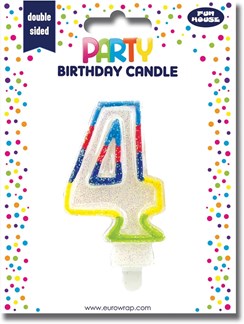 Number 4 Multicoloured Double Sided Glitter Birthday Party Candle - 3"/7.5cm