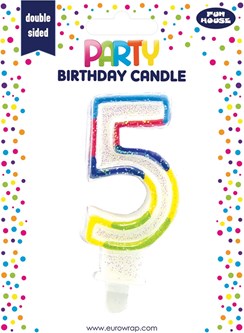Number 5 Multicoloured Double Sided Glitter Birthday Party Candle - 3"/7.5cm