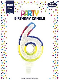Number 6 Multicoloured Double Sided Glitter Birthday Party Candle - 3"/7.5cm