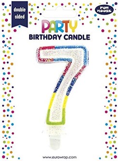 Number 7 Multicoloured Double Sided Glitter Birthday Party Candle - 3"/7.5cm