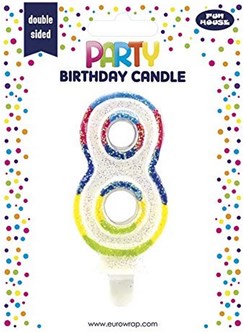 Number 8 Multicoloured Double Sided Glitter Birthday Party Candle - 3"/7.5cm