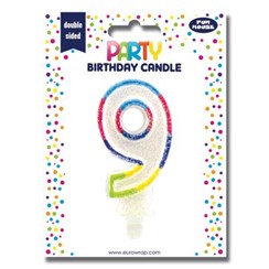Number 9 Multicoloured Double Sided Glitter Birthday Party Candle - 3"/7.5cm Number 9 Multicoloured Double Sided Glitter Birthday Party Candle - 3"/7.5cm
