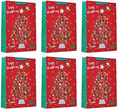 Pack of 6 Extra Large Christmas Gift Bags - Capy Xmas Tree Silver Foil 18x13"