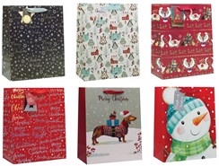Set of 6 Large Christmas Gift Bags with Ribbon Handle & Tag Mixed Designs - B
