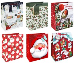 Set of 6 Christmas Gift Bags with Handle & Tag - Mixed Cute Traditional Designs