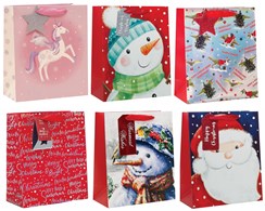 Set of 6 Medium Christmas Gift Bags Ribbon Handle & Tags Traditional Designs