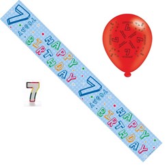 Age 7 Unisex Birthday Party Pack - 7th Banner, Balloons, Number Candle