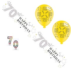 Age 70 Unisex Birthday Party Pack - 70th Banner, Balloons, Number Candles