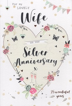 ICG Wife Silver 25th Wedding Anniversary Card - Heart, Glasses & Roses 9" x 6"