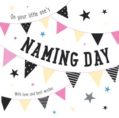 ICG Naming Day Greetings Card - Pastel Text, Bunting & Big Stars 6.25" x 6.25"