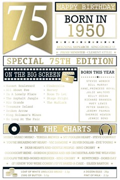 2025 75th Birthday Card - 1950 Was A Special Year Age 75 White and Gold Foil 9x6