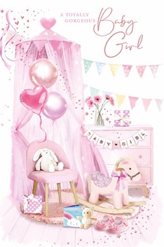 Birth of New Baby Girl Card - Pink Chair Rocking Horse Balloons Bunting 9x6"