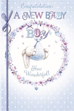 Birth of Baby Boy Card - Bunny in Hammock Floral Circle and Glitter 9x6"