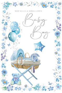 Birth of New Baby Boy Card - Blue Moses Basket Balloons Flower Heart Border 9x6"