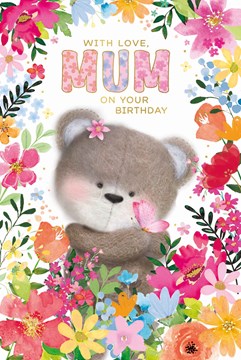 Mum Birthday Card - Bear with Bright Flowers Pink Butterfly & Gold Foil 9x6"