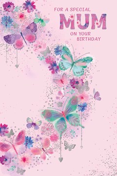Mum Birthday Card - Pink Lilac Green Butterflies and Flowers with Gold Foil 9x6"
