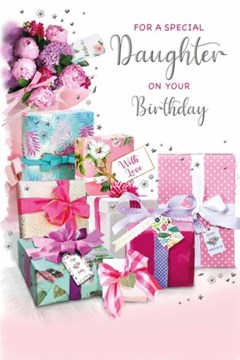 Daughter Birthday Card - Wrapped Presents and Flowers with Silver Foil 9x6" Daughter Birthday Card - Wrapped Presents and Flowers with Silver Foil 9x6"