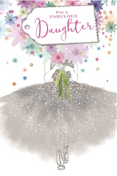 Daughter Birthday Card -Silver Glitter Dress Multicoloured Flowers & Foil 9 x 6"