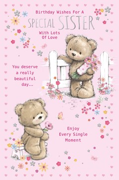 Sister Birthday Card - Cute Bears with Flowers Butterflies and Silver Foil 9x6"