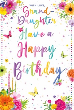 Granddaughter Birthday Card - Pastel Colour Writing Flowers Butterflies 9x6"