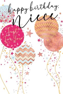 Niece Birthday Card - Balloons and Stars with Gold Foil 9x6"
