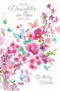 Daughter-in-Law Birthday Card - Lilac Green Blue Butterflies & Pink Flowers 9x6"
