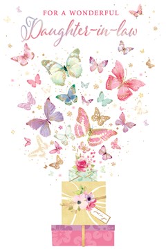 Daughter-in-Law Birthday Card - Pink Green Lilac Butterflies & Silver Foil 9x6"