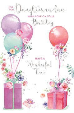 Daughter-in-Law Birthday Card - Pink Lilac Green Balloons Boxes & Flowers 9x6"