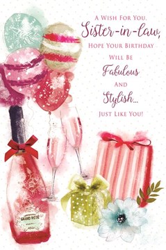 Sister-in-Law Birthday Card - Champagne Balloons with Glitter and Foil 9x6"