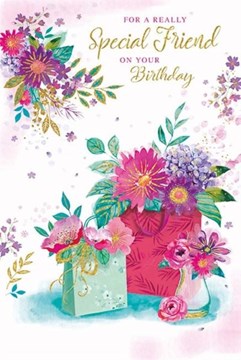 Special Friend Birthday Card - Bright Pink and Lilac Flowers with Gold Foil 9x6"