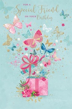 Special Friend Birthday Card - Pink Blue White Butterflies with Gold Foil 9x6"