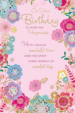 Open Female Birthday Card - Pink Blue and Green Flowers with Gold Foil 9" x 6" Open Female Birthday Card - Pink Blue and Green Flowers with Gold Foil 9" x 6"