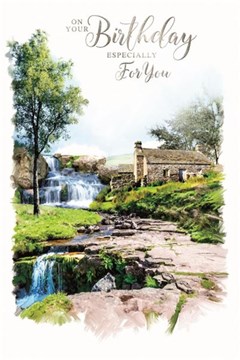 Open Male Birthday Card - Waterfall Countryside Scene with Silver Foil 9x6"