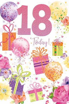 Age 18 Female 18th Birthday Card - Balloons Presents and Flowers Pink Foil 9x6" Age 18 Female 18th Birthday Card - Balloons Presents and Flowers Pink Foil 9x6"