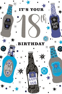 Age 18 Male Birthday Card - Blue and Silver Foil Beer Bottles and 18th 9" x 6"