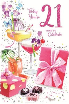 21st Birthday Card - Female Age 21 Pink Presents Cocktails Silver Foil 9x6" 21st Birthday Card - Female Age 21 Pink Presents Cocktails Silver Foil 9x6"