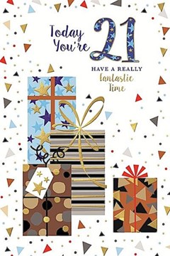 21st Birthday Card - Male Age 21 Today Blue Brown Presents with Gold Foil 9x6"
