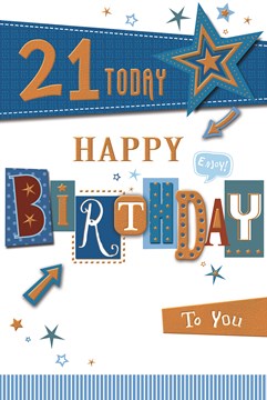 21st Birthday Card - Male Age 21 Today Blue Green Stars Writing & Gold Foil 9x6"