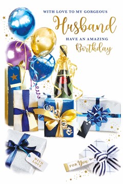Husband Birthday Card - Champagne with Presents and Balloons Gold Foil 9x6"