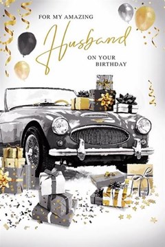 Husband Birthday Card - Black Sports Car with Presents Balloons Gold Foil 9x6"