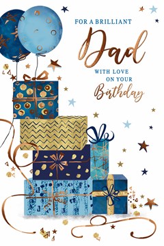 Dad Birthday Card - Blue Stacked Presents with Balloons and Copper Foil 9x6"