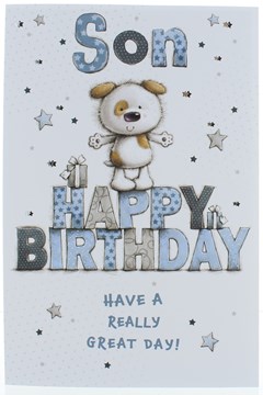 Son Birthday Card - Cute Dog on Big Blue & Grey Writing  9" x 6"