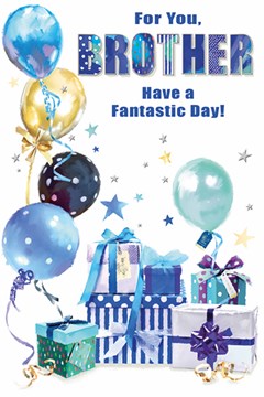 Brother Birthday Card - Blue Green Balloons and Presents with Silver Foil 9x6" Brother Birthday Card - Blue Green Balloons and Presents with Silver Foil 9x6"