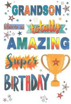 Grandson Birthday Card - Gold Trophy Multicoloured Text Stars & Glitter 9"x6"