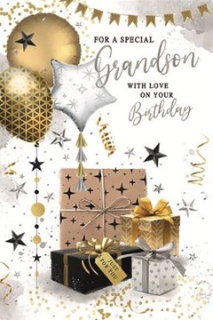 Grandson Birthday Card - Black Gold Silver Balloons Presents Silver Foil 9x6" Grandson Birthday Card - Black Gold Silver Balloons Presents Silver Foil 9x6"