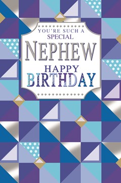 Nephew Birthday Card - Blue Turquoise & Silver Pattern with Silver Foil 9" x 6"
